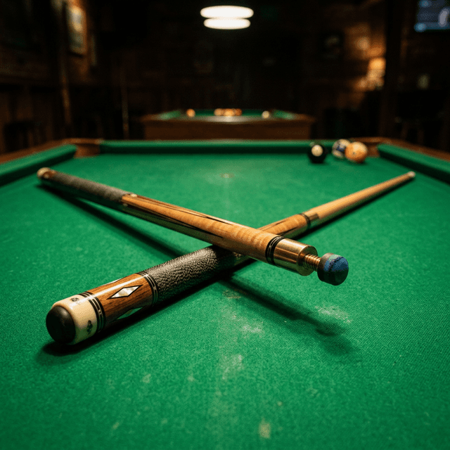 Pool cues on green baize