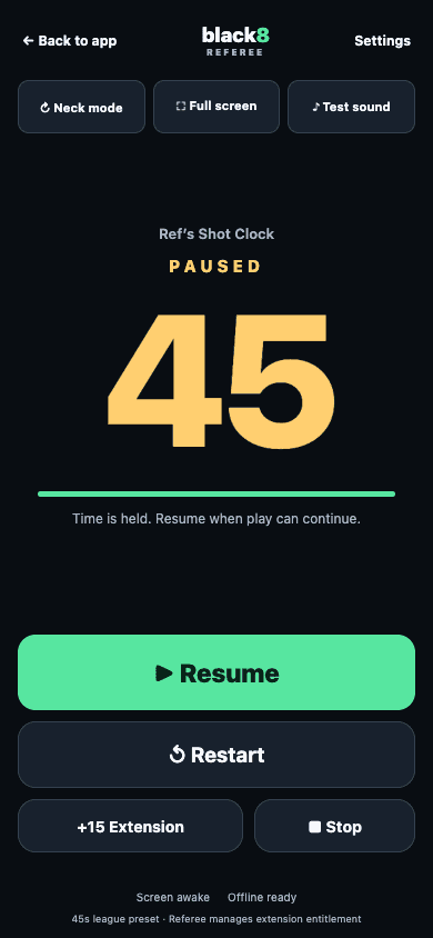 The live Black8 shot clock paused at 45 seconds, with resume, restart and extension controls